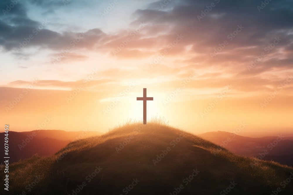 Christian cross on hill outdoors at sunrise, Generative AI