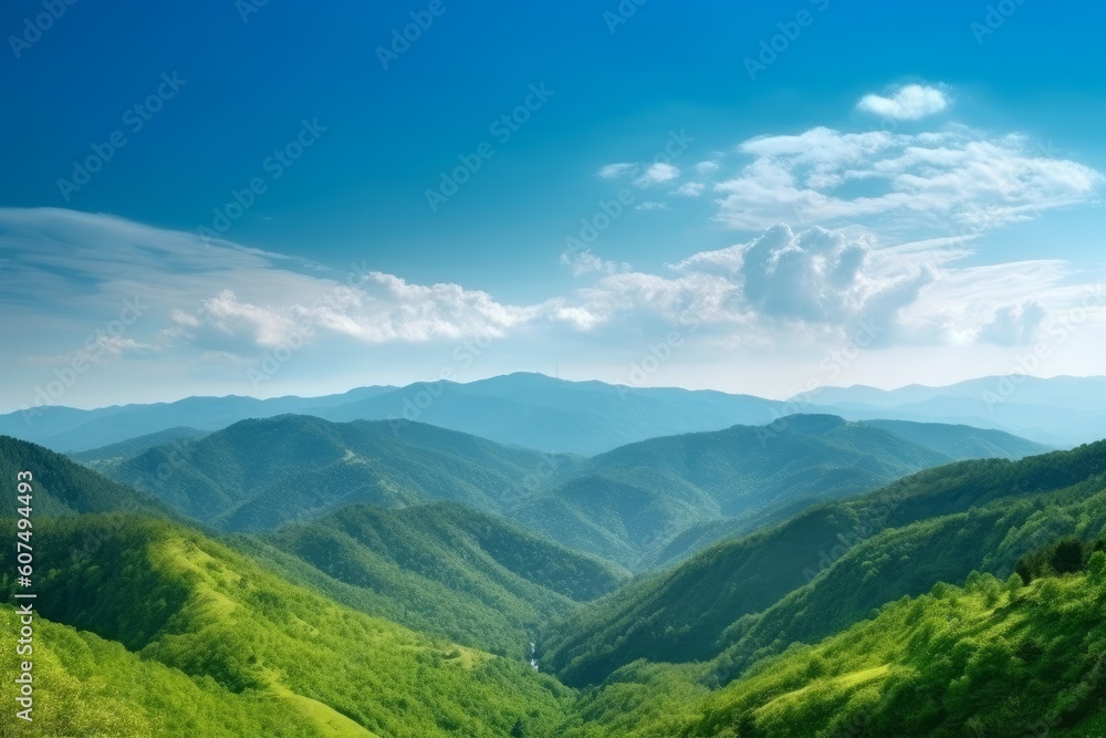 World Environment Day concept: Green mountains and beautiful sky clouds under the blue sky, Generative AI World Environment Day concept: Green mountains and beautiful sky clouds under the blue sky, Generative AI