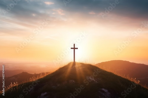 Fotografia Christian cross on hill outdoors at sunrise, Generative AI