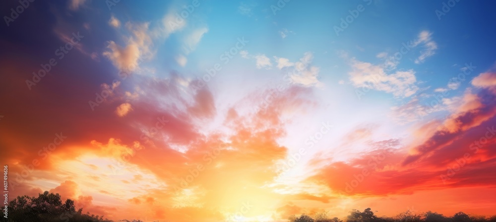 Background of colorful sky concept: Dramatic sunset with twilight color sky and clouds, Generative AI