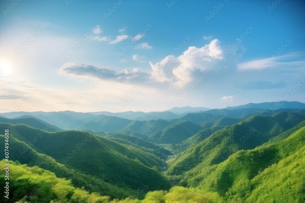 World Environment Day concept: Green mountains and beautiful sky clouds under the blue sky, Generative AI World Environment Day concept: Green mountains and beautiful sky clouds under the blue sky, Generative AI