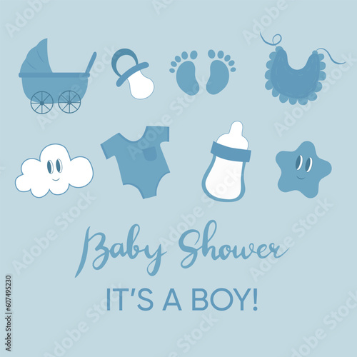 Baby shower design elements. Baby shower concept. It's a boy! 