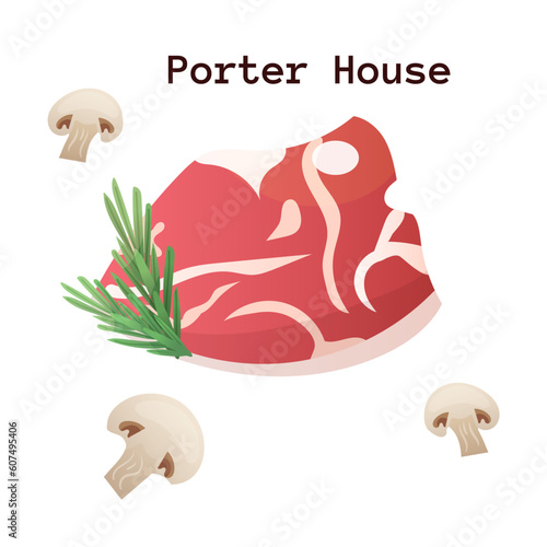 PorterHouse fresh meat. Cartoon steak with mushrooms and rosemary. Food for bbq, meal from butcher shop isolated, meat for menu. Vector illustration.