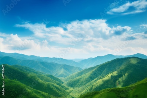 World environment day concept: Green mountains and beautiful blue sky clouds, Generative AI