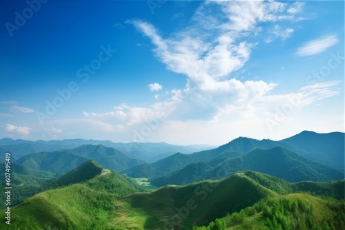 World environment day concept: Green mountains and beautiful blue sky clouds, Generative AI