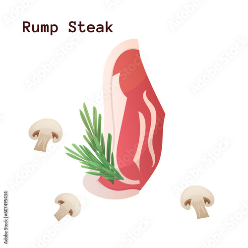 Rump steak fresh  meat. Cartoon steak with mushrooms and rosemary. Food for bbq, meal from butcher shop isolated, meat for menu. Vector illustration.