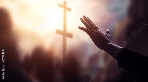 Religion and salvation concept:God reaching out to help people on cross background, Generative AI