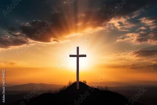 Good Friday concept: cross with sunset in the sky background, Generative AI © Raool