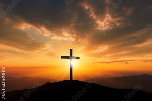 Good Friday concept: cross with sunset in the sky background, Generative AI