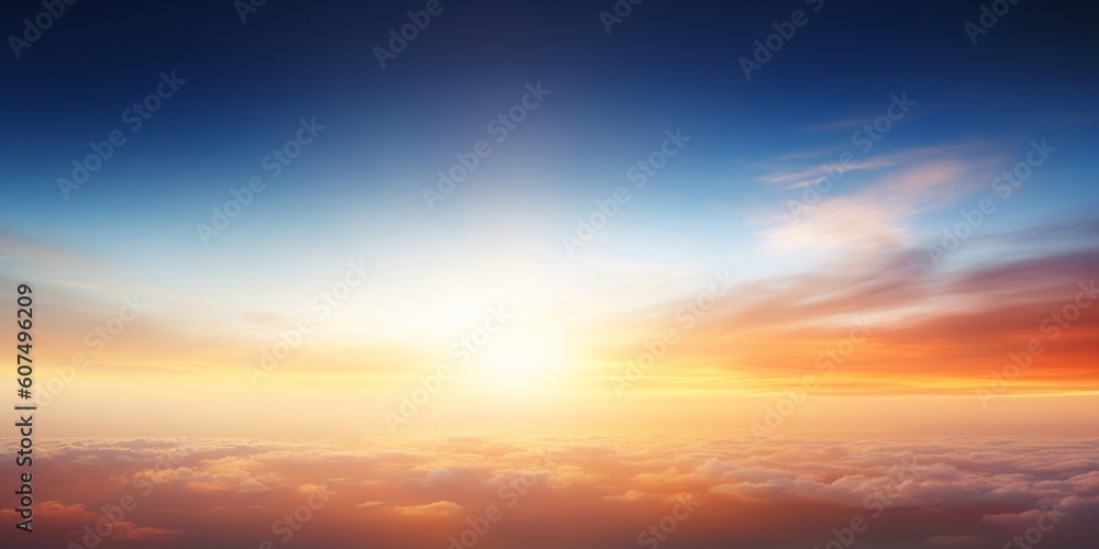Cloudy sky and bright sunrise over the horizon, Generative AI