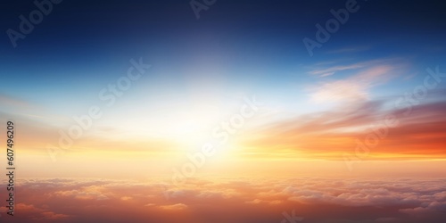 Cloudy sky and bright sunrise over the horizon, Generative AI © Raool