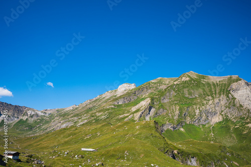 Bern, Switzerland - July 25, 2022 - View of Engstligenalp from the Engstligengrat hiking trail, Swiss Alps, Switzerland