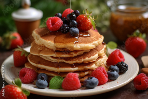 Golden pancakes on a plate, lights blurred in the background, , rustic style, dim light, shallow depth of field, selective focus. High quality photo Generative AI