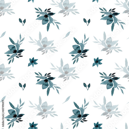 Seamless pattern with flowers. Background with blue watercolor flowers. Monochrome flowers background. Botanical illustration minimal style. Watercolor flowers for printing on postcards.