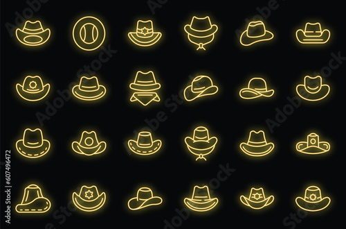 Cowboy hat icons set outline vector. Fashion leather. Old costume neon color on black
