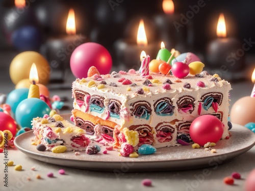 One Piece Of Multilayered Birthday Cake With Candles And Decorations On Blurred Background. Generative AI