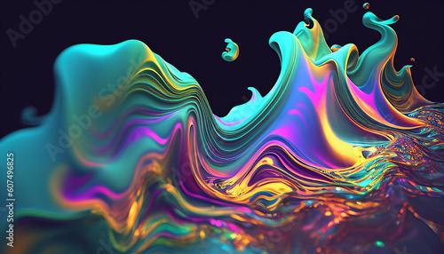 Iridescent waves, strange trippy rainbow liquid ocean flowing glowing splashing in epic alien ocean, surreal abstract colorful ocean wave, oil slick glossy colors (generative AI, AI)