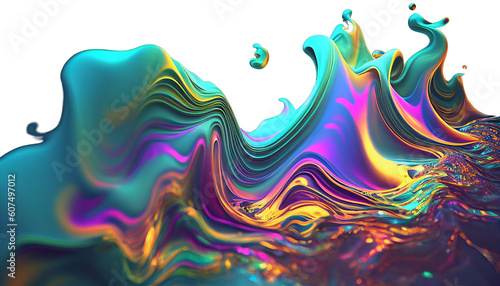 Iridescent waves, strange trippy rainbow liquid ocean flowing glowing splashing in epic alien ocean, surreal abstract colorful ocean wave, oil slick glossy colors (generative AI, AI)