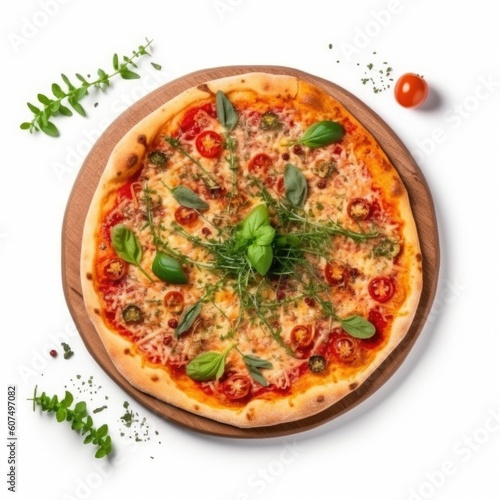 Pizza pepperoni isolated on white background top view . Generative Ai