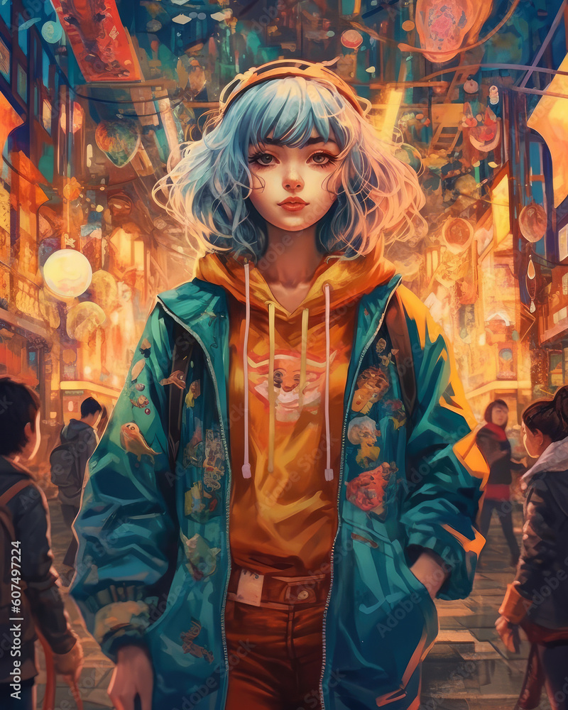 Illustration of an influencer in anime style. Avatar or character, fictional image, vertical. Illustration of an influencer in anime style. Avatar or character, fictional image, vertical.