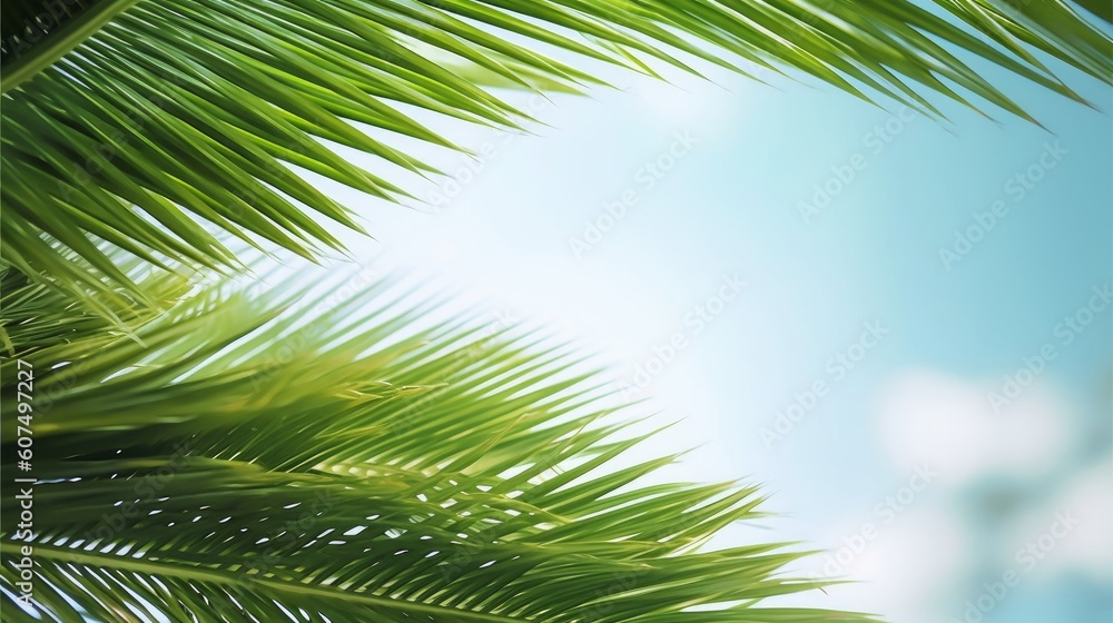 Palm leaves in front of blue sunny summer sky, Generative AI