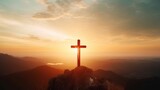 The crucifix symbol of Jesus on the mountain sunset sky background, Generative AI
