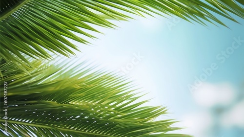Palm leaves in front of blue sunny summer sky  Generative AI