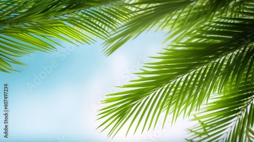Palm leaves in front of blue sunny summer sky, Generative AI © Raool