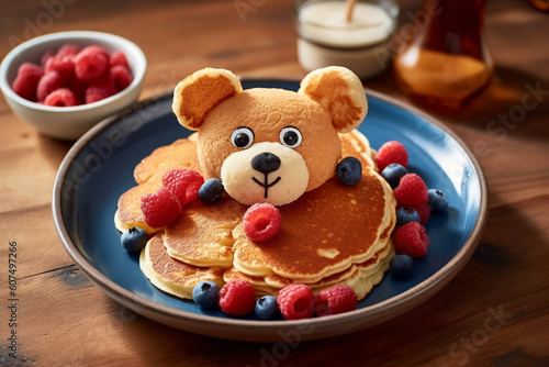 Creative kids meals. Children's breakfast pancakes smiling face of the teddy bear strawberry blueberry , cute food, honey. High quality photo . High quality photo Generative AI