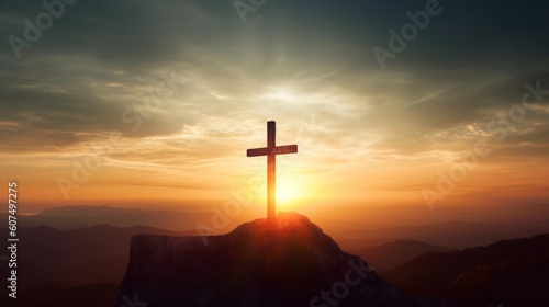 The crucifix symbol of Jesus on the mountain sunset sky background, Generative AI © Raool