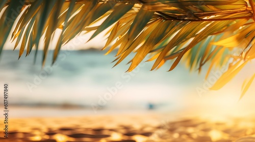 Summer And Sea With Blurred Leaves Palm And Defocused Bokeh Light On Sea - Golden Sand In Abstract Landscape © 150rht