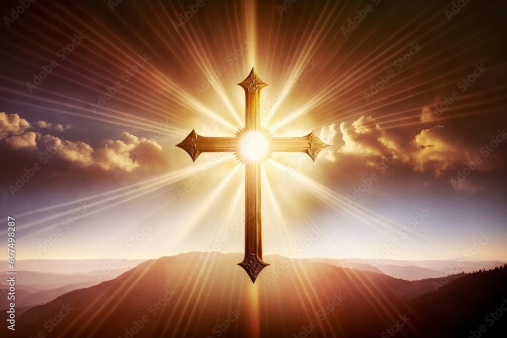 religious concept, The cross of God in the rays of the sun, Generative AI