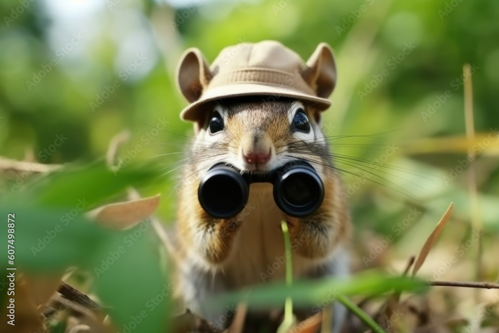 Fototapeta premium The chipmunk wearing a safari hat and binoculars, peeking out from a dense jungle foliage. AI generative