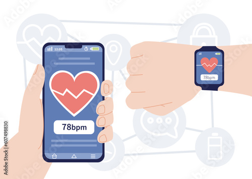 Watch measures heart rate. Smartphone and watch show heart rate and health indicators. Pulse and heartbeat counter. Fitness and active lifestyle, sport. Cartoon flat vector illustration