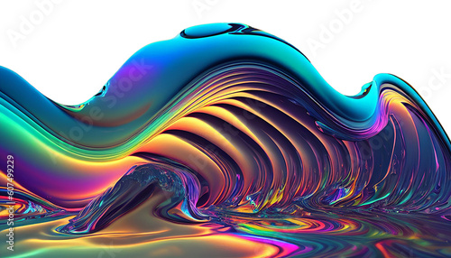 Iridescent waves, strange trippy rainbow liquid ocean flowing glowing splashing in epic alien ocean, surreal abstract colorful ocean wave, oil slick glossy colors (generative AI, AI)
