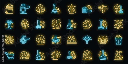 Cleaning autumn foliage icons set outline vector. Garden nature. Cleaning grass neon color on black