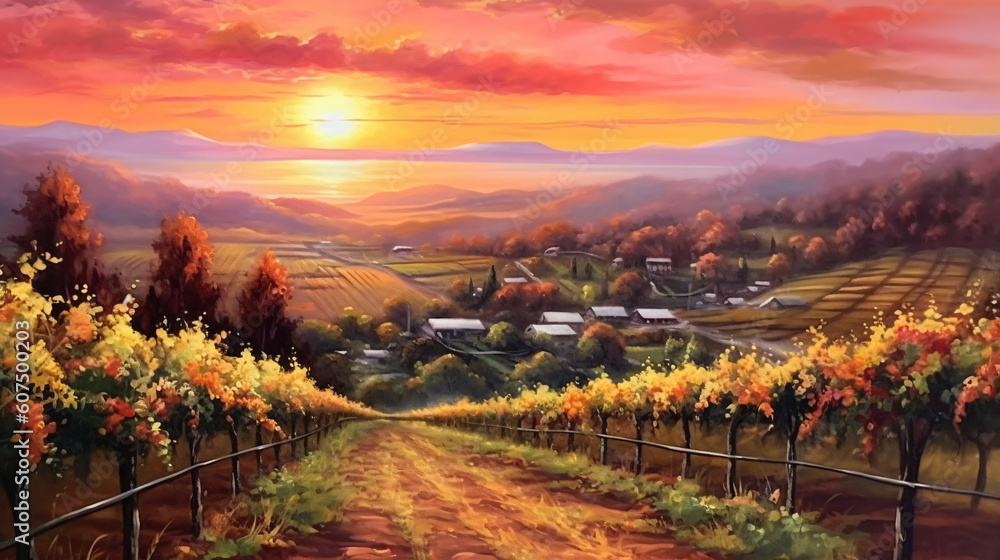 Sunset Splendor: Watercolor Depiction of a Vineyard at Dusk, Crafted by Generative AI
