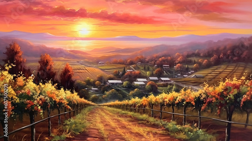 Sunset Splendor: Watercolor Depiction of a Vineyard at Dusk, Crafted by Generative AI 