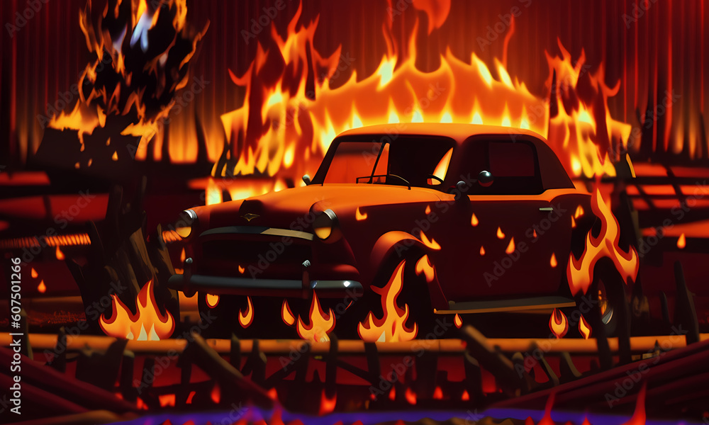 Car on fire,  flames created with the help of artificial intelligence.