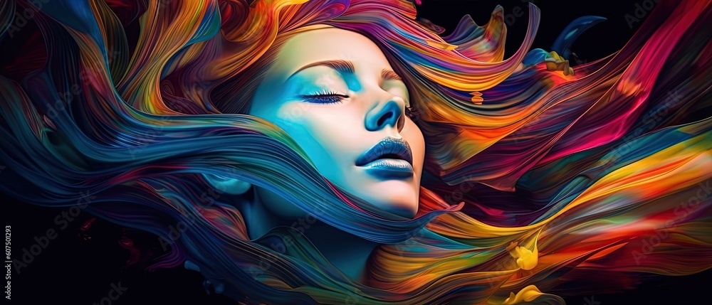 colorful haired woman that is reflected in the dark, in the style of fluid lines