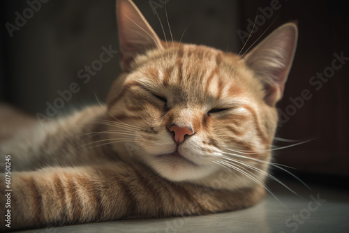 Funny cat laughing. Happy and kind relaxed kitten face with happy satisfied smile. Generated AI. © swillklitch