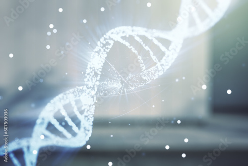 DNA hologram on contemporary business center exterior background, biotechnology and genetic concept. Multiexposure