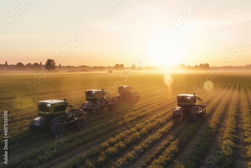 Group of agricultural robots working in a sun-drenched field. Generative AI