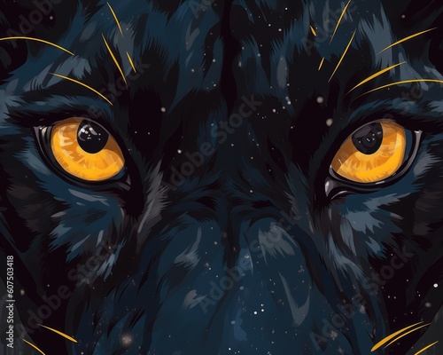 A black panther's eyes up close on black. (Illustration, Generative AI) © HandmadePictures