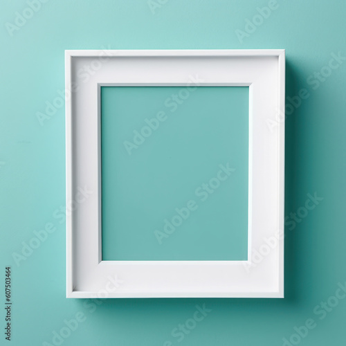 White frame on a Medium Turquoise color wall or background. Generative AI. photo