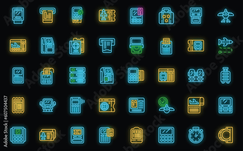 Ticket terminal icons set outline vector. City mobile. Security travel neon color on black