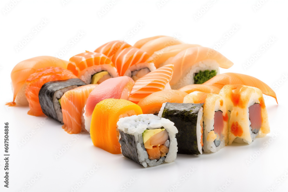Sushi set. Collection of fast fool in asian style. Classic shushi and rice rolls. Generated AI. Sushi set. Collection of fast fool in asian style. Classic shushi and rice rolls. Generated AI.