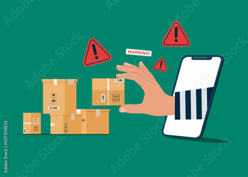 Thief steals parcels in post office via smartphone. Steals cardboard boxes. Flat vector illustration