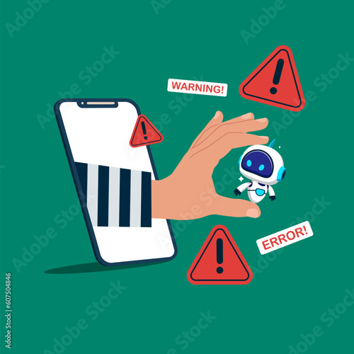 Hacker steal robot with Artificial intelligence technology use smartphone. Modern vector illustration in flat style