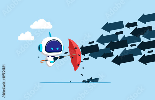 The robot with artificial intelligence  used the umbrella to resist the falling arrow. Flat vector illustration.